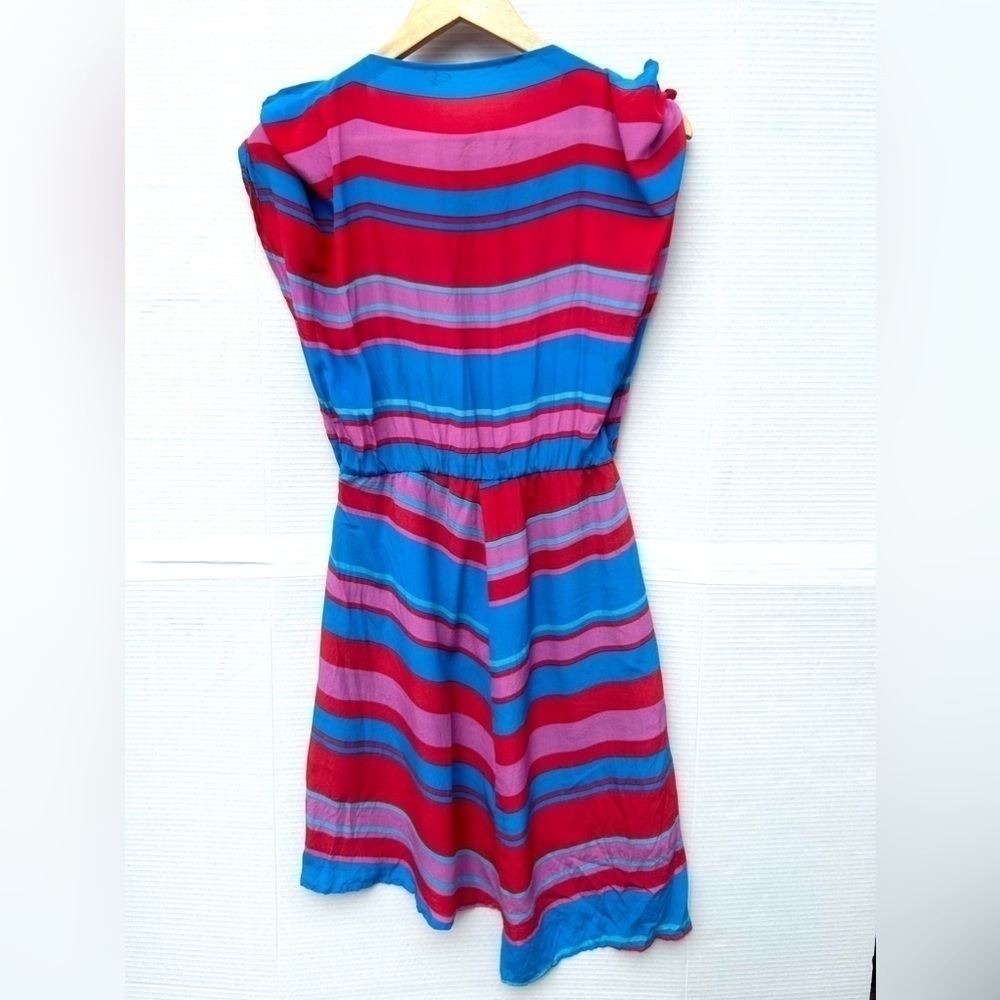 SILK striped red pink  blue asymmetric dress size small - Picture 2 of 11